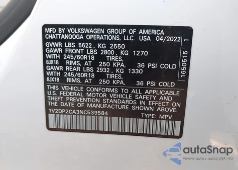 2022 Volkswagen Atlas 2.0T Se from USA, damaged, VIN 1V2DP2CA3NC539584